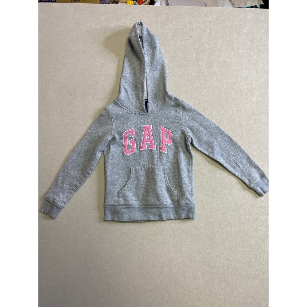 Gap Kids Girls Gray Pink Logo Pullover Hoodie Sweatshirt Size S 6-7 Years